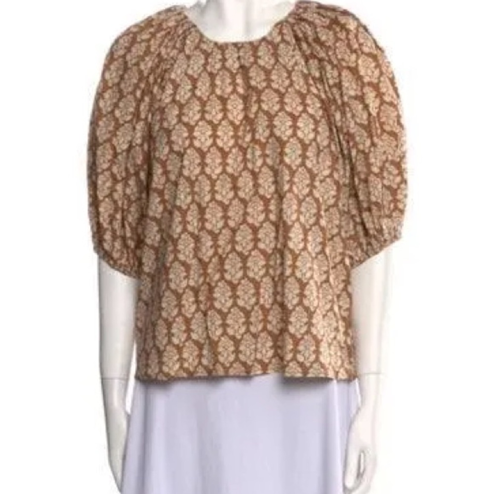 Women's Brown Patterned Top RHODE FLORAL STAMP CAMEL long sleeve blouse Sz 6